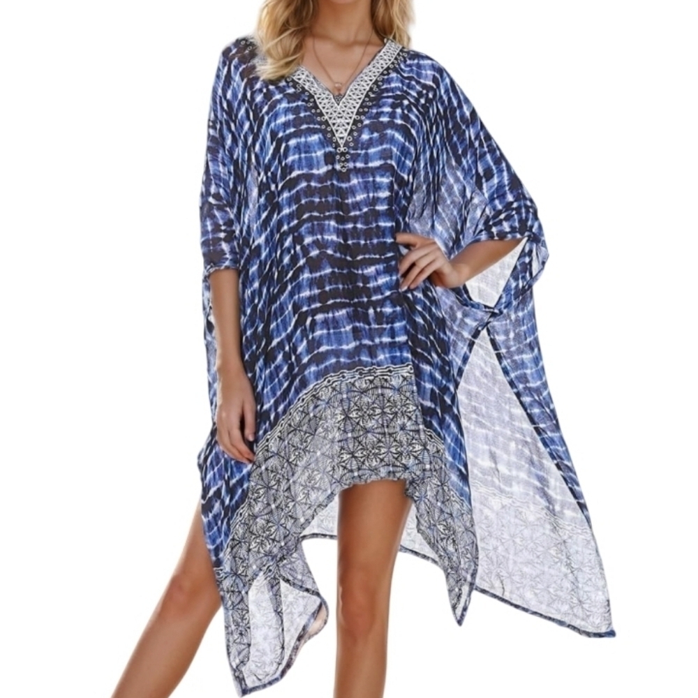 Blue and White Floral Patterned Kaftan Swim Cover